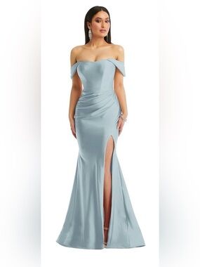 Cynthia & Sahar Lux Satin Off-The-Shoulder Corset Stretch Mermaid Dress in Mist